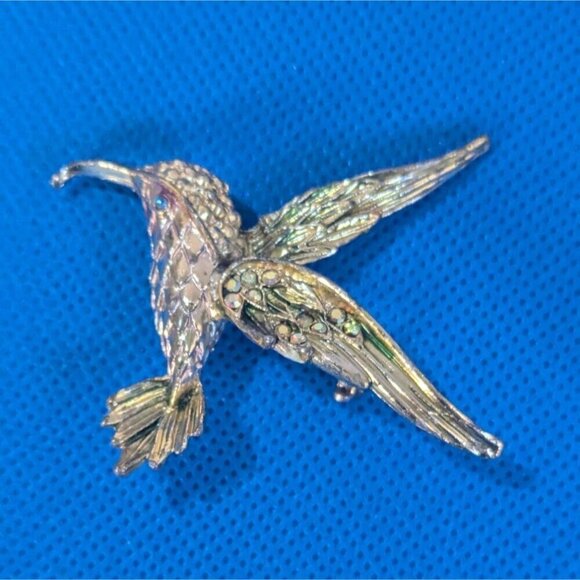 Vintage Hummingbird Brooch Pins Set Of 2 Gold Tone rhinestones sparkle - Picture 4 of 6